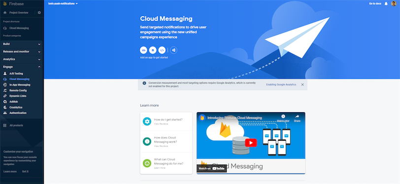 Firebase Enable Cloud Messaging for Ionic Framework