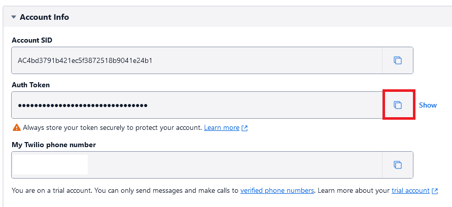 Screenshot of the Twilio SMS notification system showing how to find the account SID, auth token, and phone number.