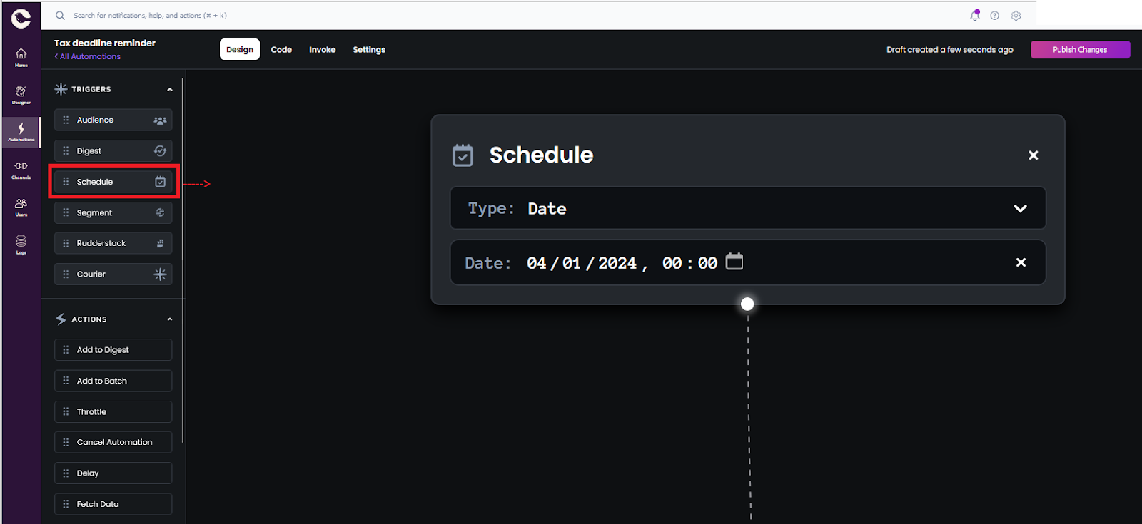 Screenshot showing how to schedule an email in the Courier automations designer.