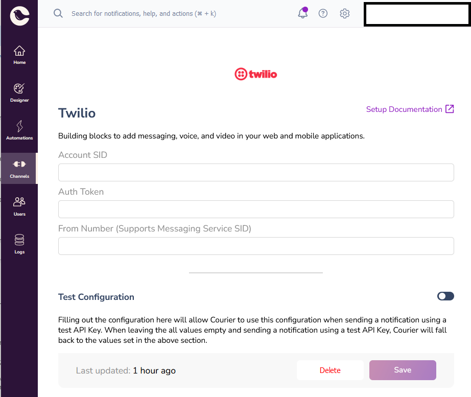 Screenshot showing how to input the Twilio details into Courier.