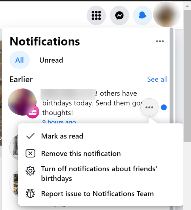 Facebook Notification Inbox Options