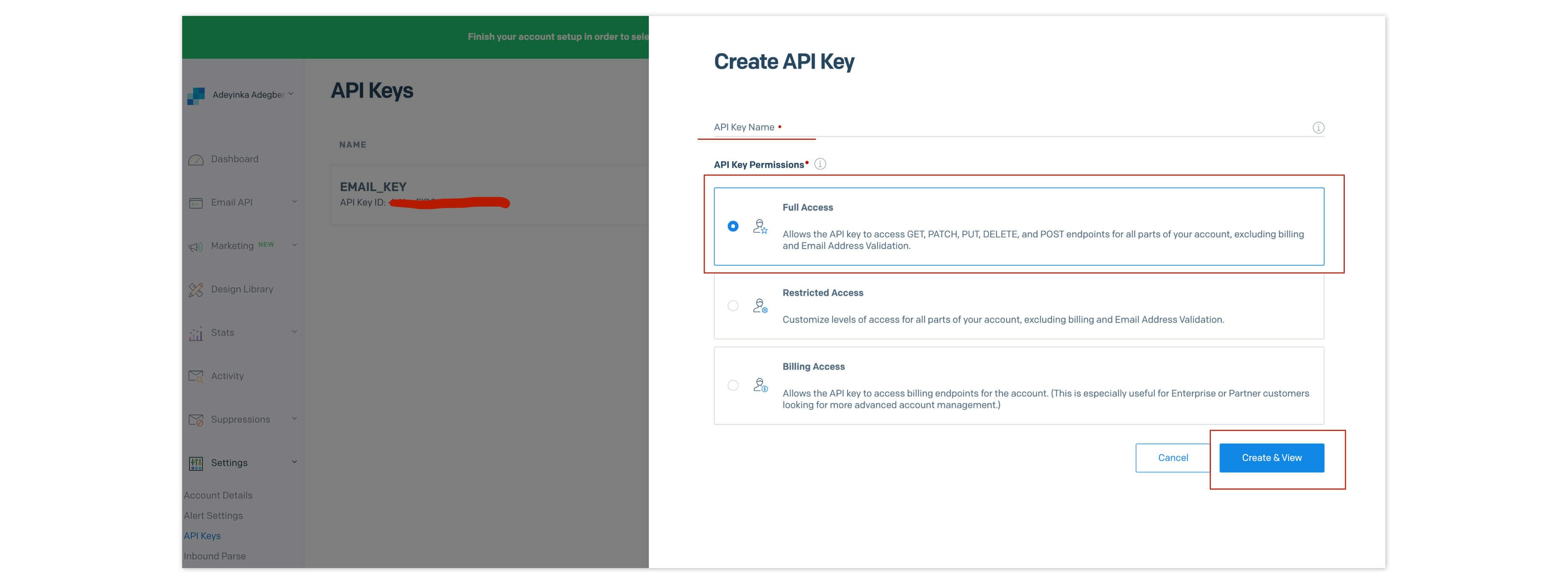 Create an API key in SendGrid