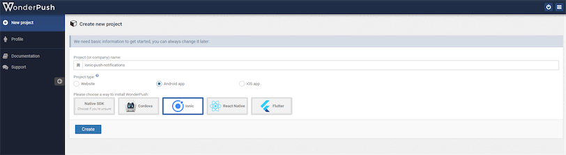 Create New WonderPush Ionic App