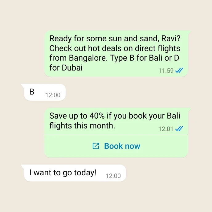 A WhatsApp marketing template promoting discounted flights, with a Book now button, followed by a customer reply
