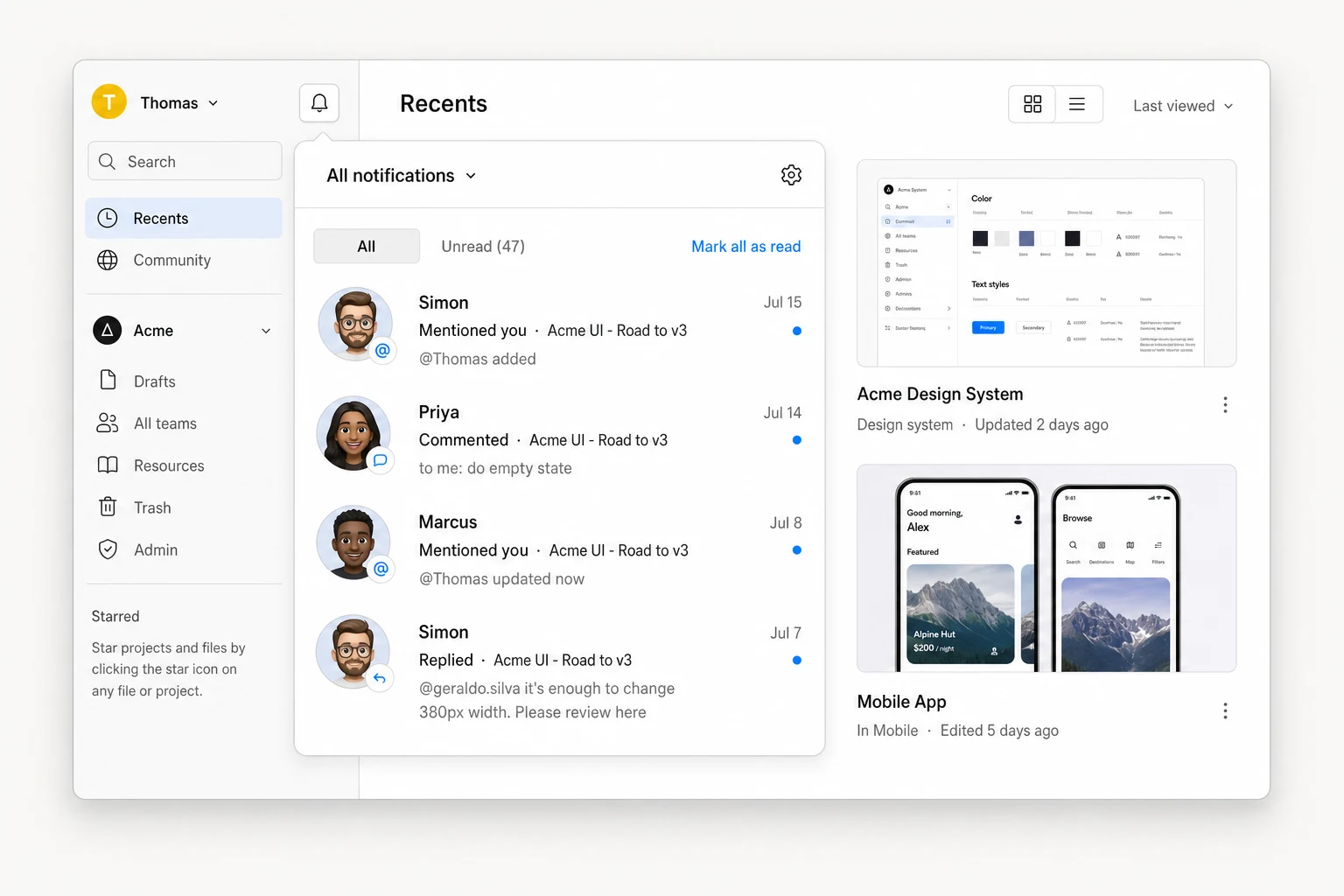 A notification center inside a real product: the Figma desktop app with its notifications panel open, showing recent mentions, comments, and replies