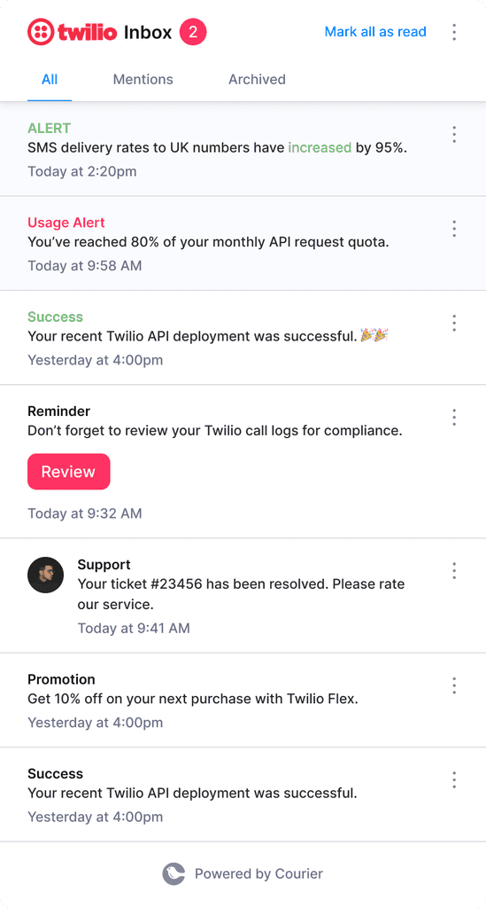 A Courier in-app notification inbox showing a scrollable list of past notifications with unread indicators.