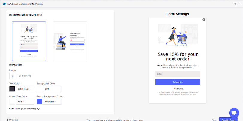 Shopfify AVA Customize Popup