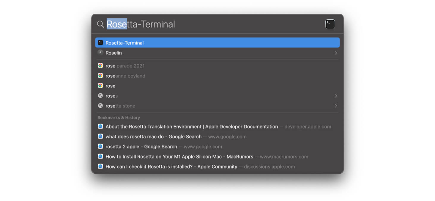 Spotlight Search Rosetta-Terminal