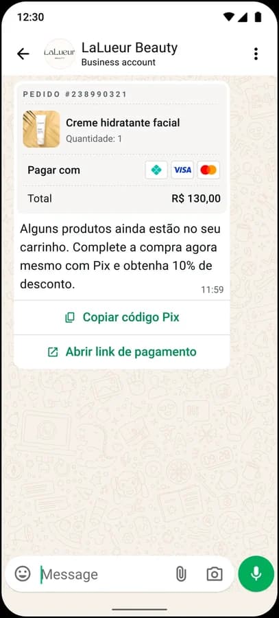 A WhatsApp order details message with an itemized cart, a total in reais, and Copy Pix code and Open payment link buttons