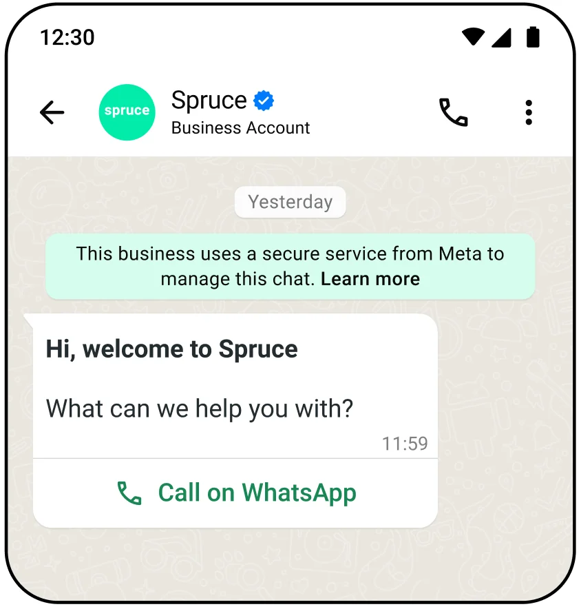 A WhatsApp welcome message from a business with a Call on WhatsApp button