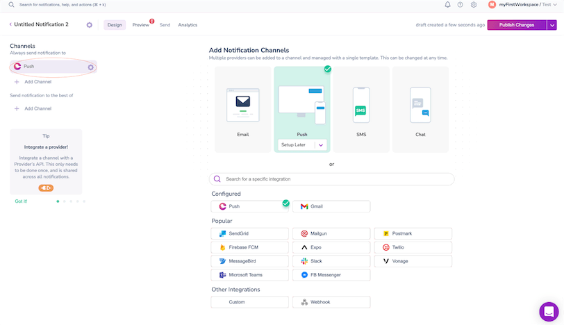 Select React Push Notification Type