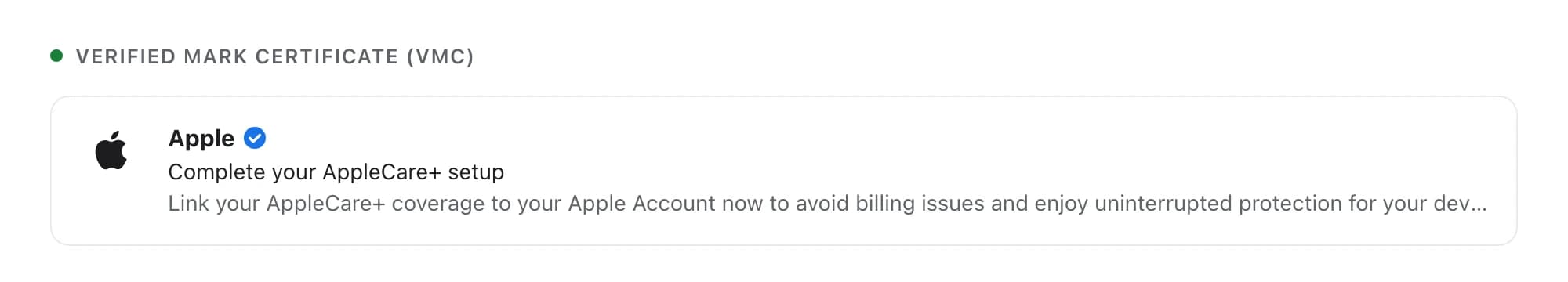 Inbox row showing the Apple message with both a logo and a blue verification checkmark