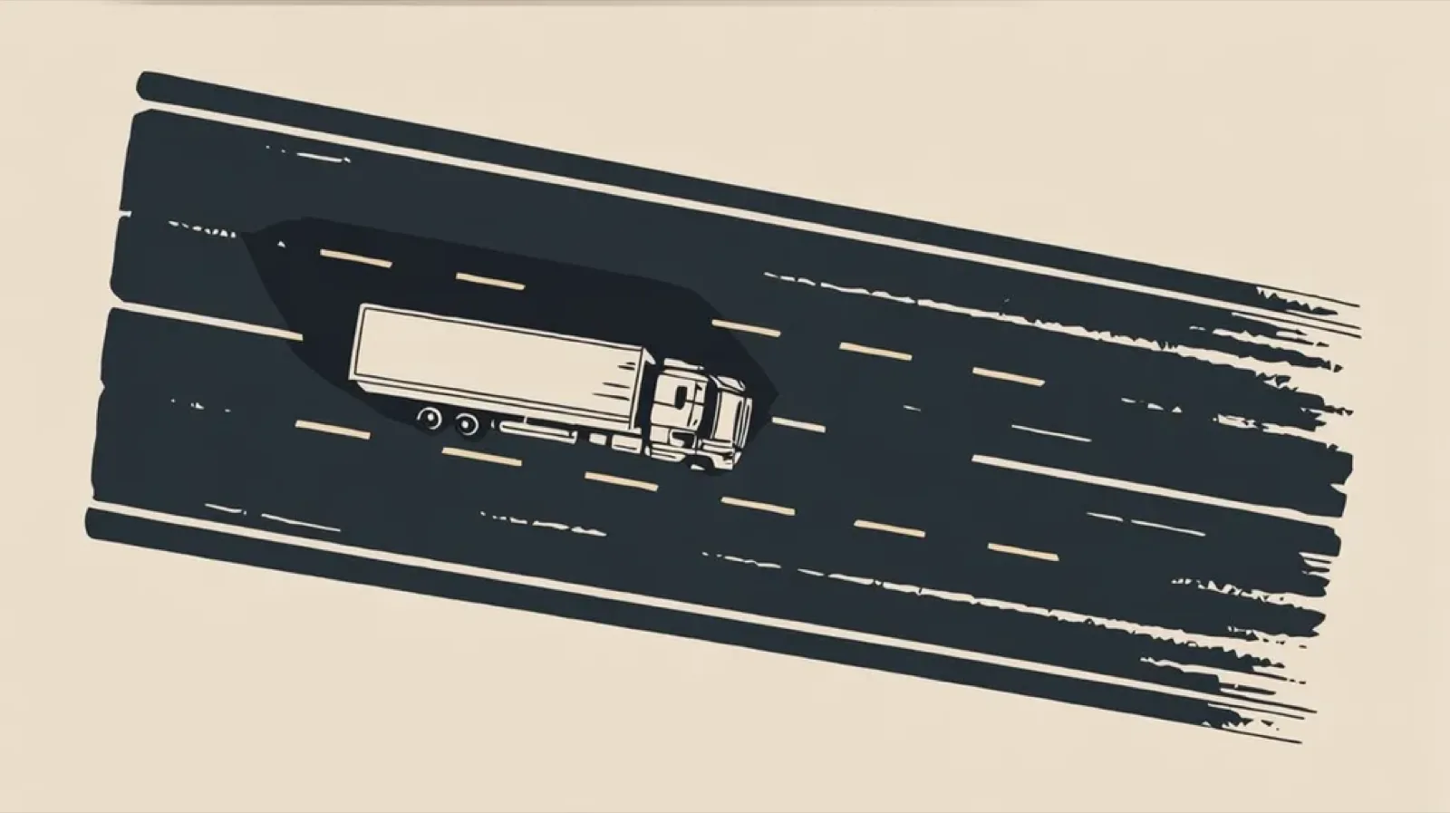Minimal editorial poster: an aerial view of a single semi truck on an open highway, on a cream background. Cover for the logistics notifications guide.