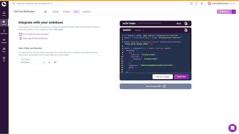 React Push Notification Trigger Test Event