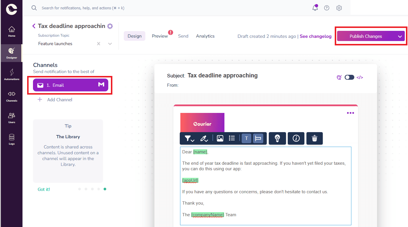 Screenshot showing how to create an email template in Courier.
