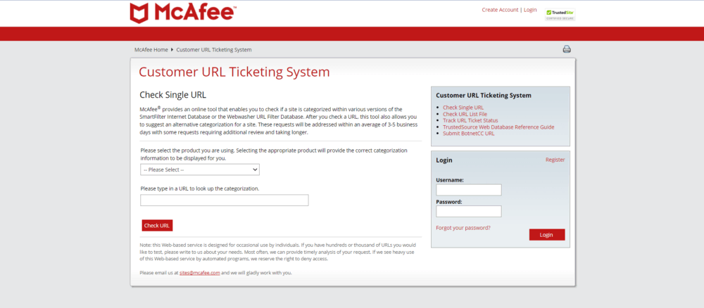 McAfee TrustedSource Reputation Check