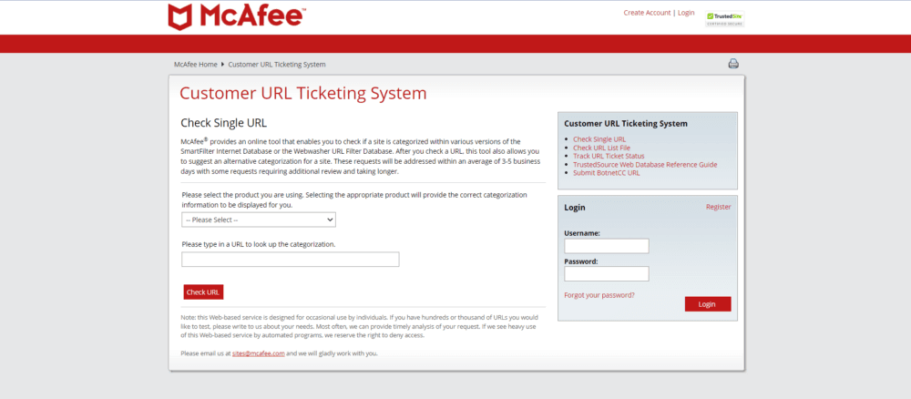 McAfee TrustedSource Reputation Check