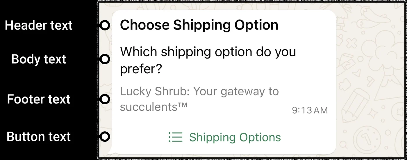 A WhatsApp list message asking the customer to choose a shipping option, with a Shipping Options button, each part labeled