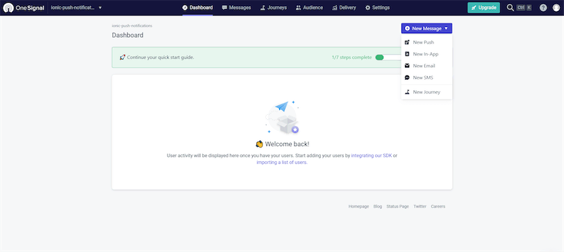 OneSignal Ionic Send Notification Dashboard