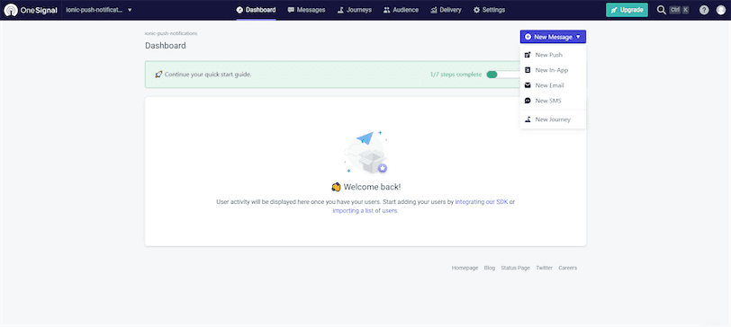 OneSignal Ionic Send Notification Dashboard
