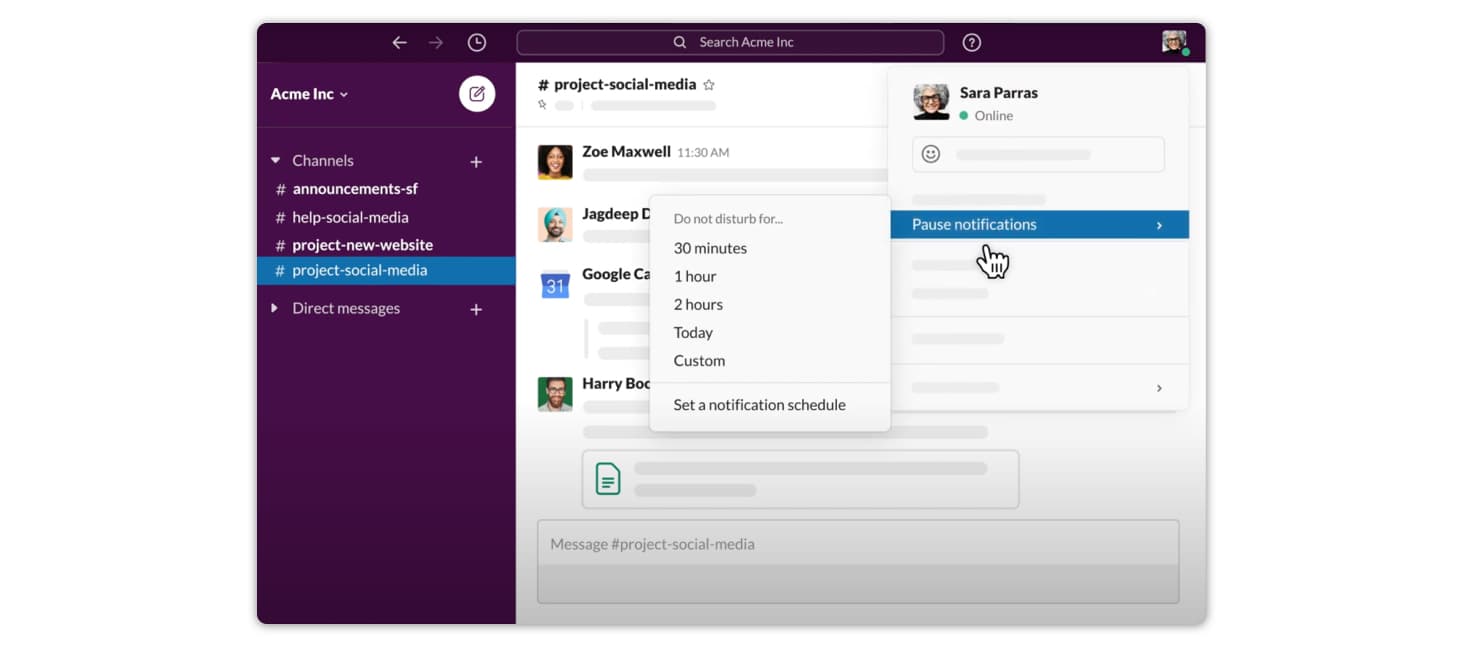 Slack's Do Not Disturb feature for pausing notifications
