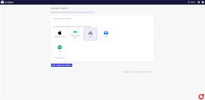 Create New OneSignal App for Squarespace