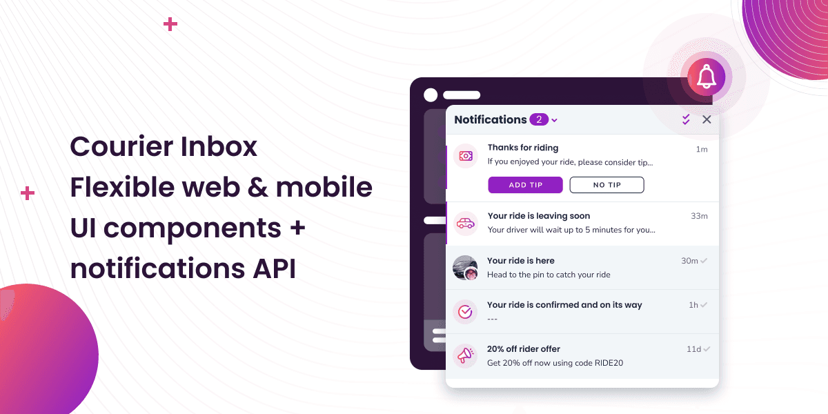Courier Inbox for web and mobile applications showing an example of the notification center UI