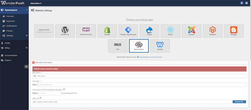 Create New Squarespace Notification with WonderPush