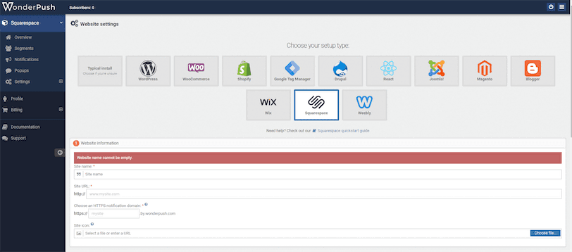 Create New Squarespace Notification with WonderPush