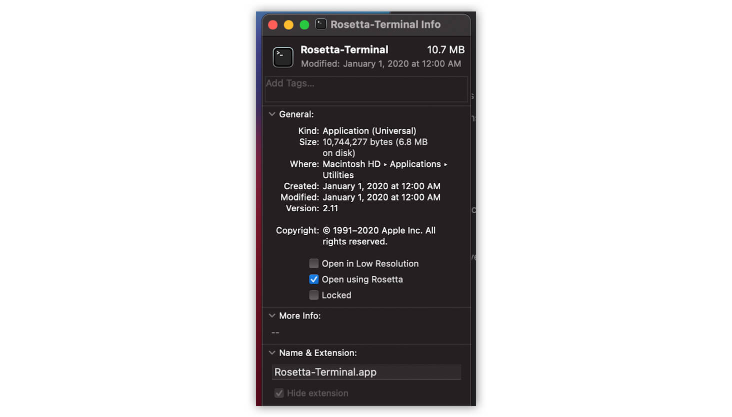 Rosetta-Terminal Get Info