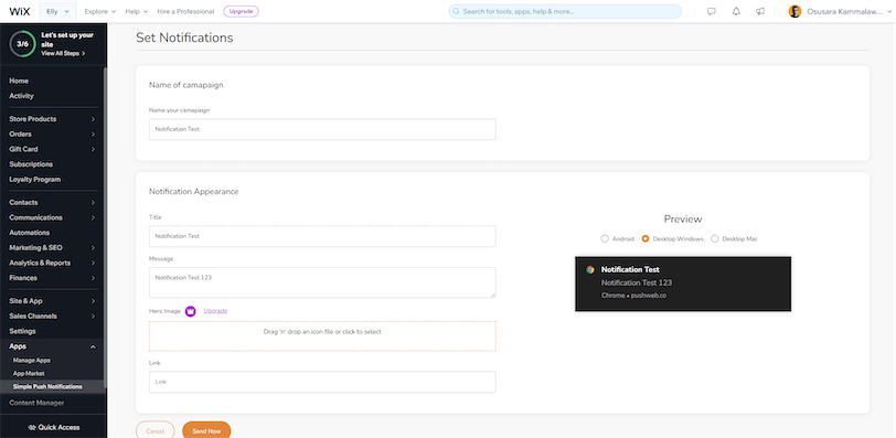 Wix Simple Push Notification Create New Campaign