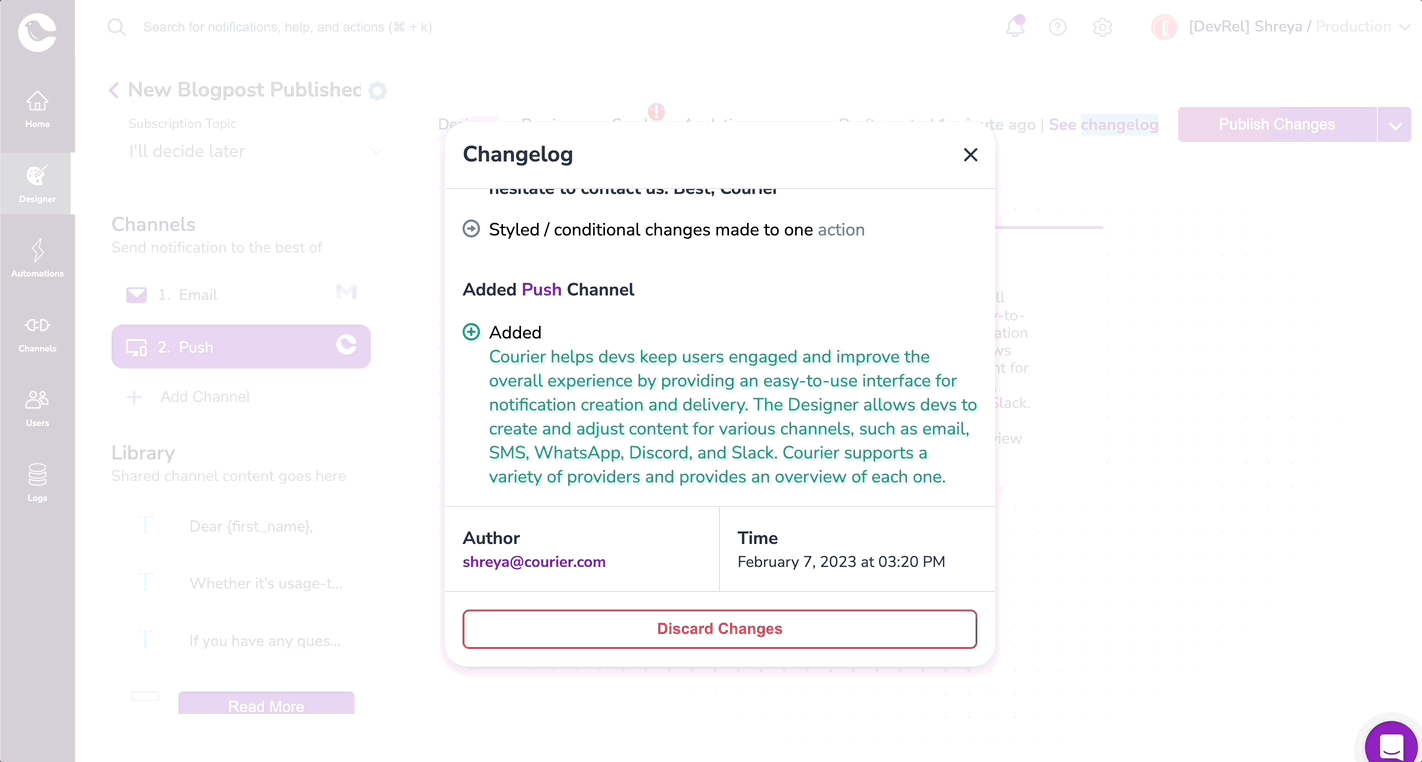 Discard changes with changelog