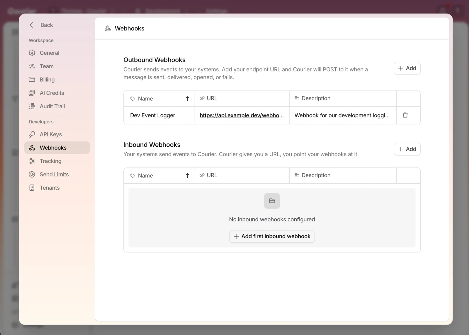 Courier settings, Webhooks page