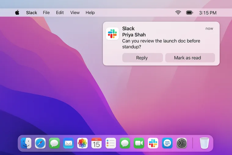 A macOS desktop with the menu bar and Dock visible and a Slack notification banner in the top-right.