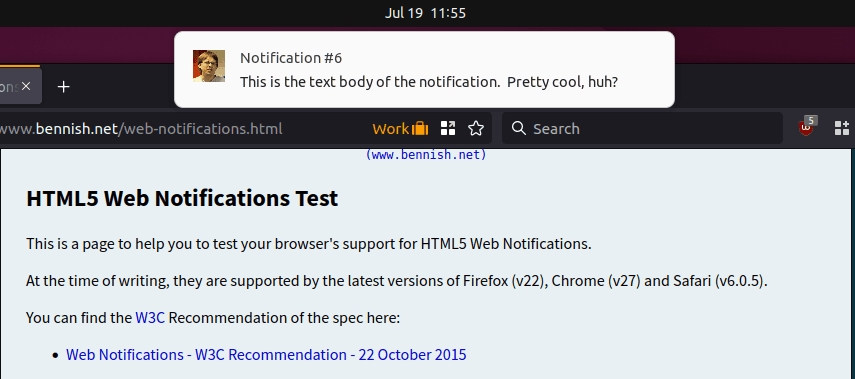 A Firefox notification box drops down with a message from a notification testing website.