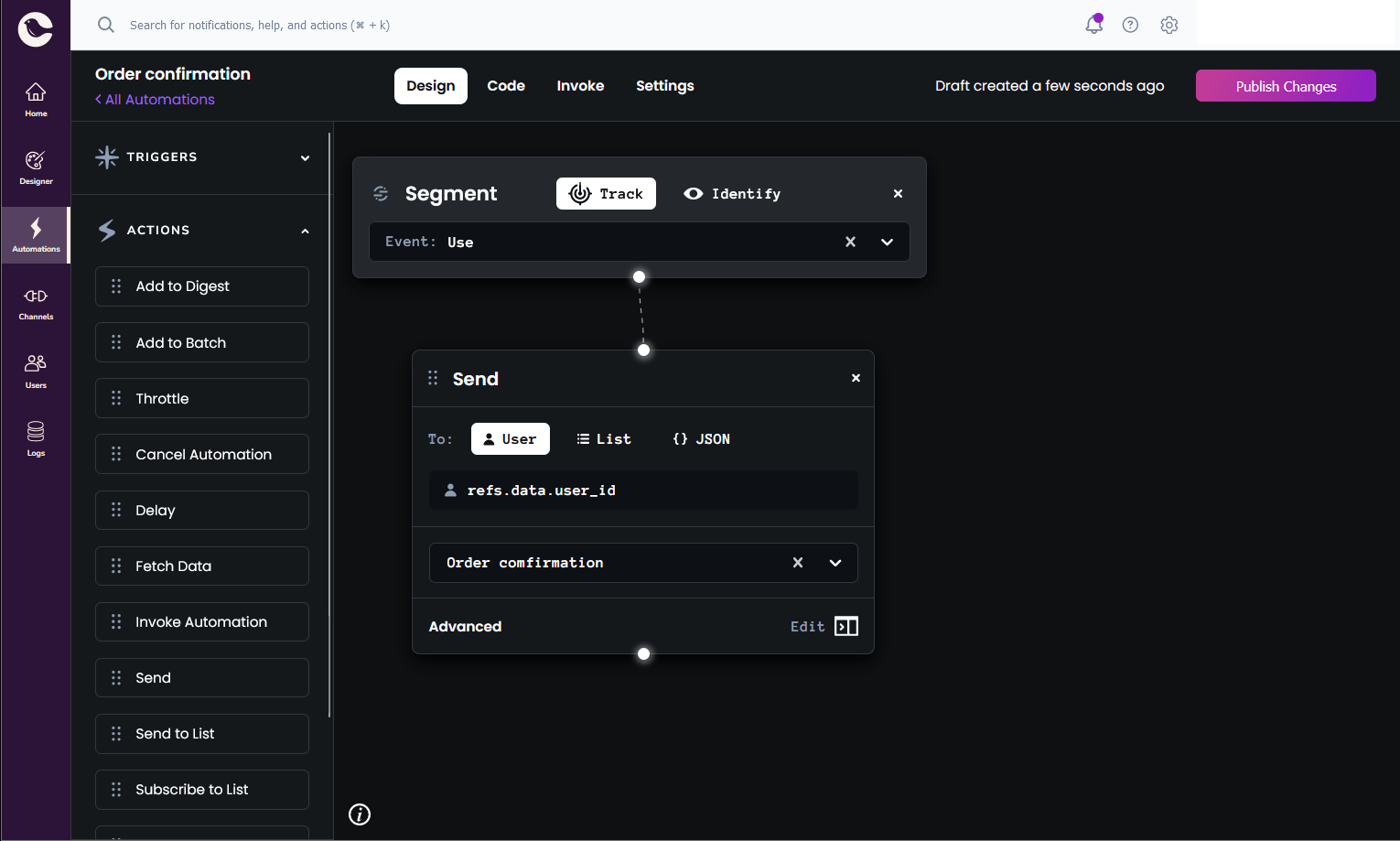 Adding a Send action to the automation in Courier.