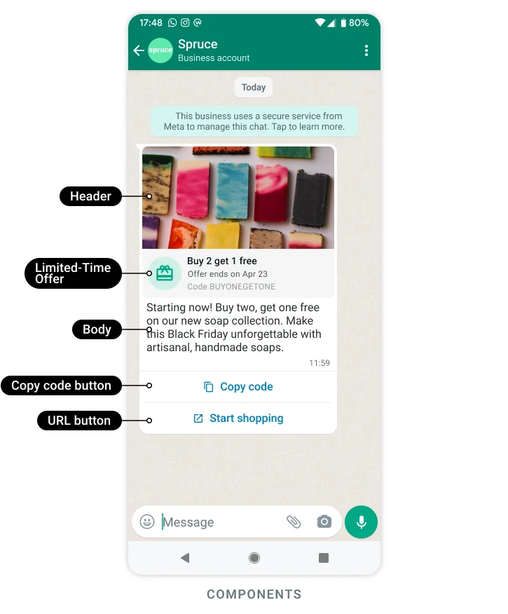 A WhatsApp limited-time offer template with an image header, an expiry countdown, body text, and Copy code and Start shopping buttons, each labeled