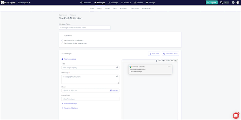 OneSignal Send Squarespace Push Notification