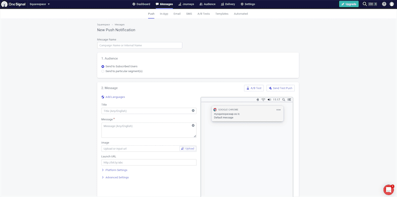 OneSignal Send Squarespace Push Notification