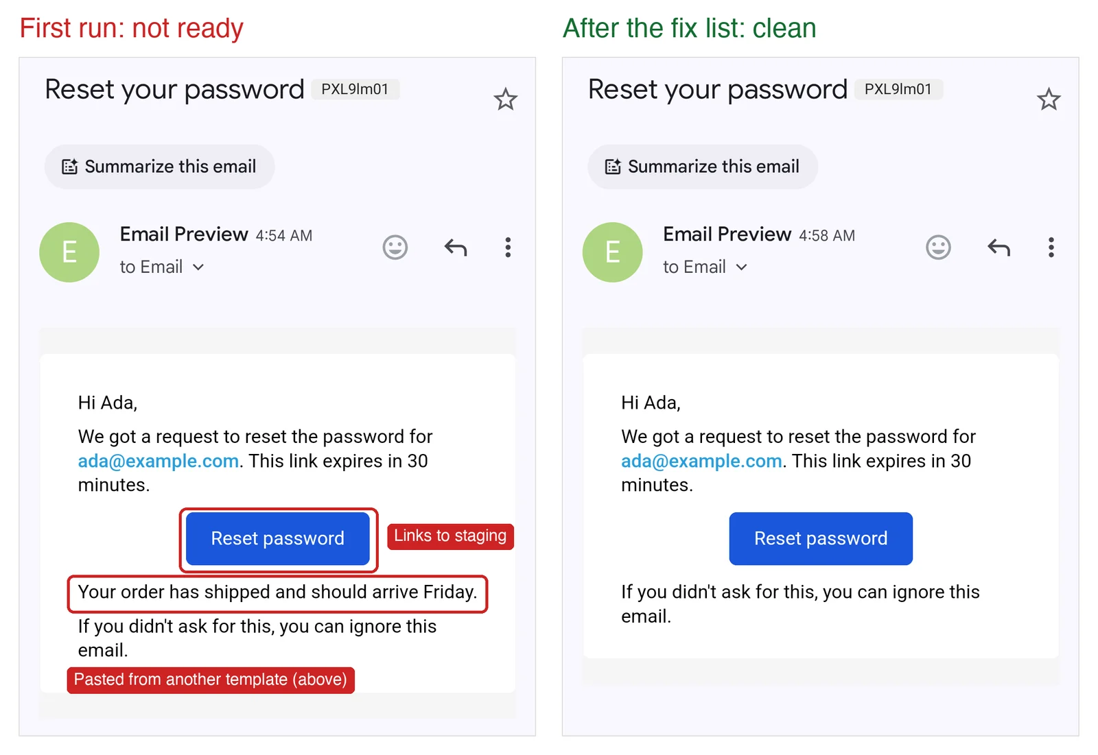 The same password reset email in Gmail on Android, before and after the fix list. Before, the Reset password button links to staging and an order-shipped sentence sits under it. After, the stray sentence is gone and the button links to the approved host.