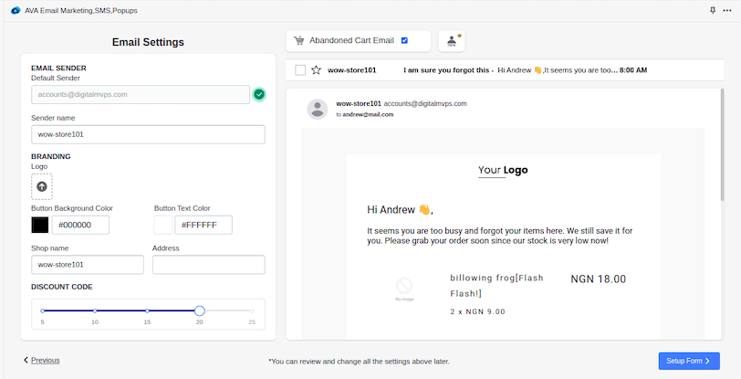 AVA Form Setup