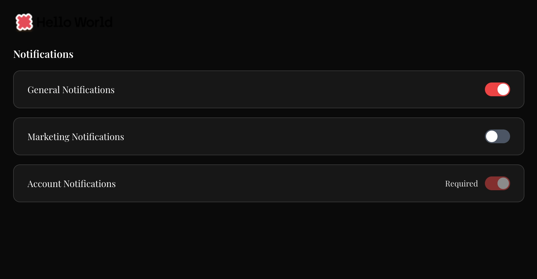 A courier-preferences center rendered in a Hello World app, with General Notifications on, Marketing Notifications off, and a required Account Notifications topic
