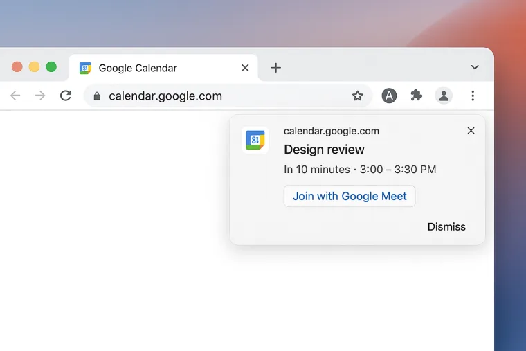 A Chrome browser on calendar.google.com showing a web push notification for a Design review event starting in 10 minutes.