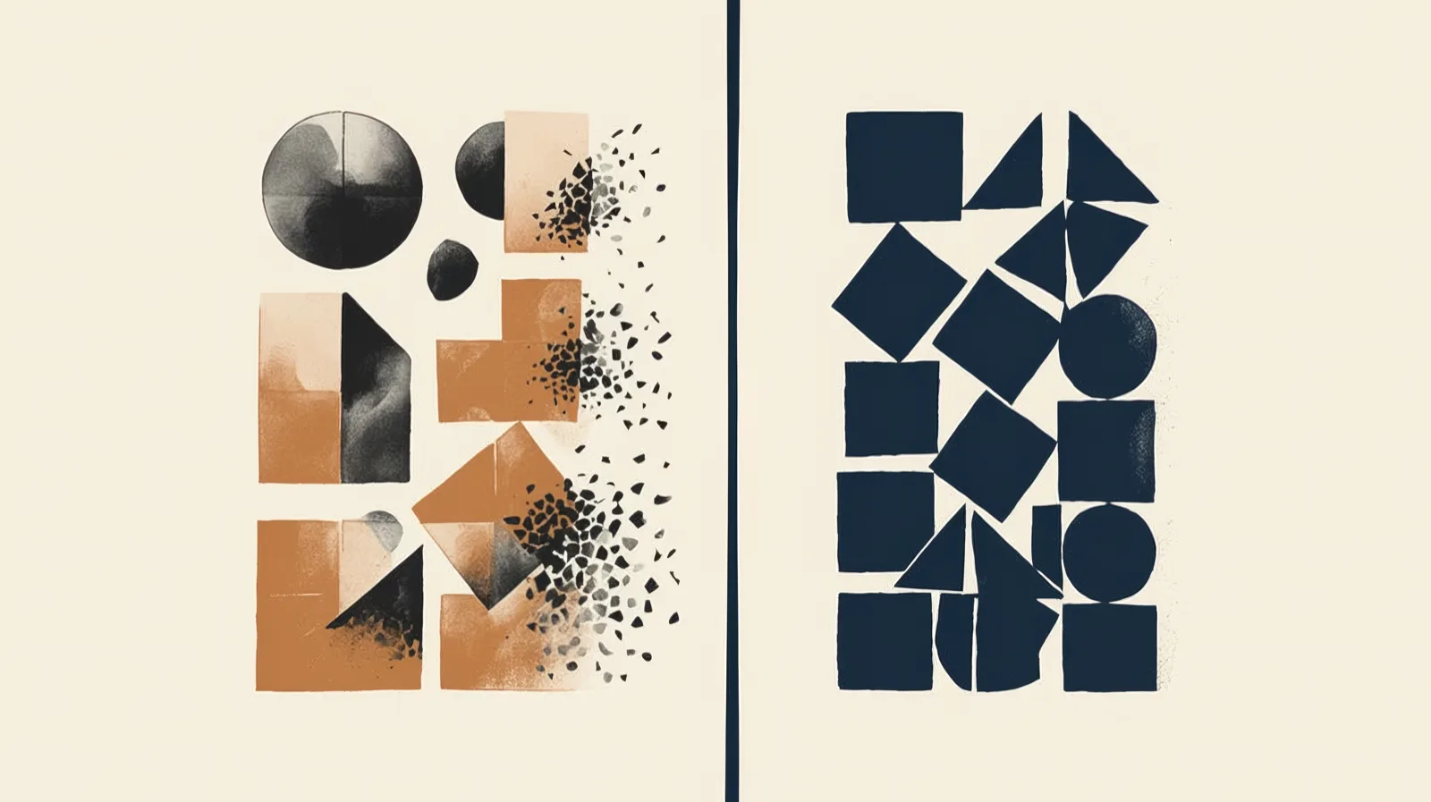 Two panels side by side: on the left, geometric shapes scattering into fragments; on the right, an ordered stack of shapes holding its form.