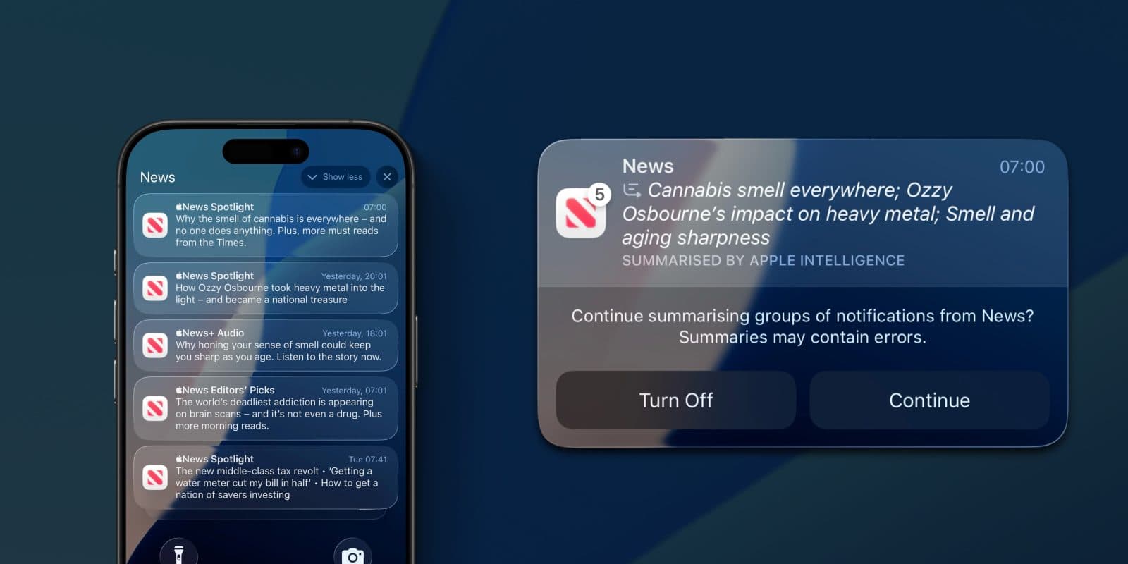 A stack of News notifications rewritten by Apple Intelligence into one italic line, with a "Summarized by Apple Intelligence" label