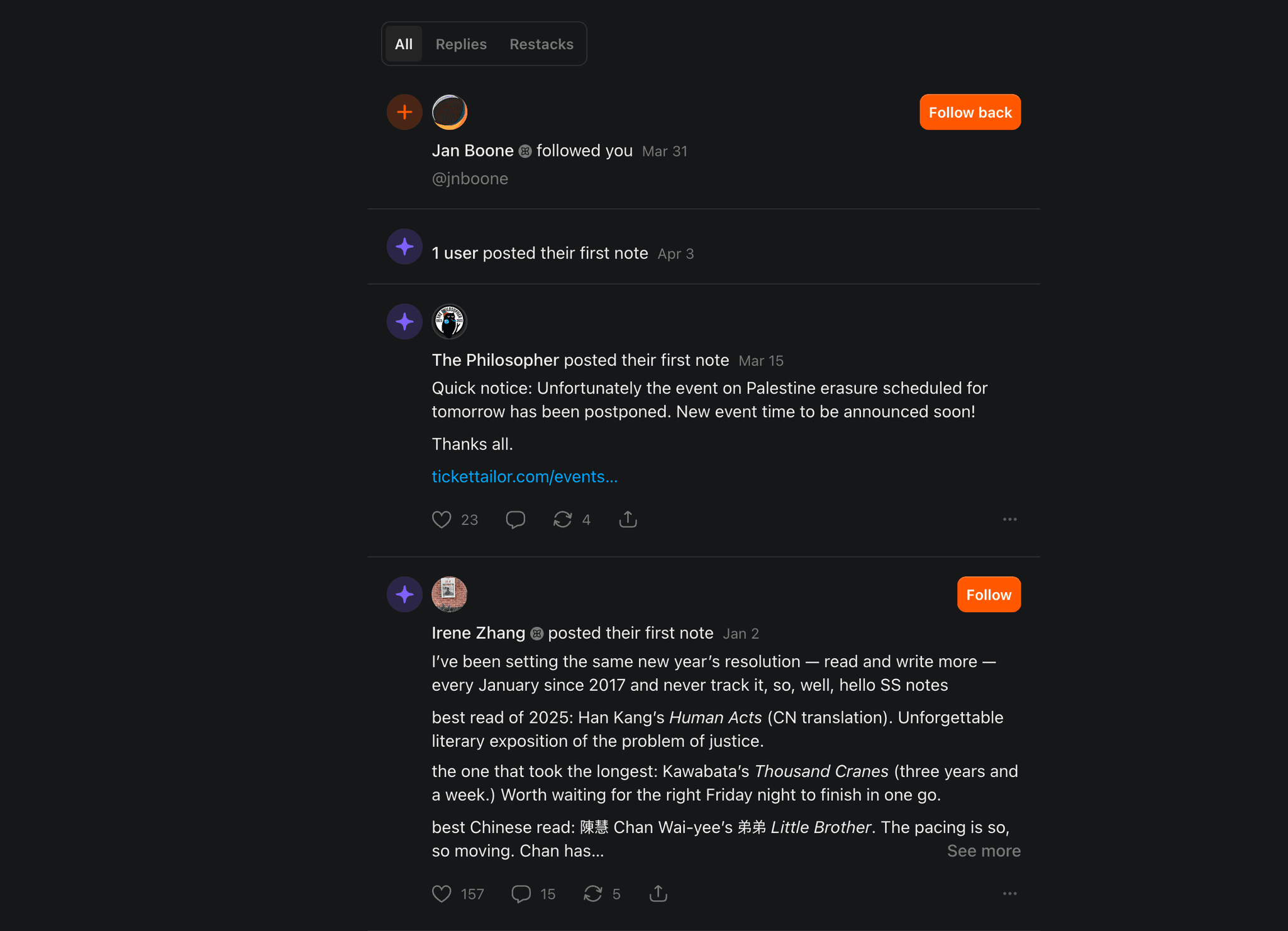 Substack notification center showing tabs, follow notifications, and inline post previews