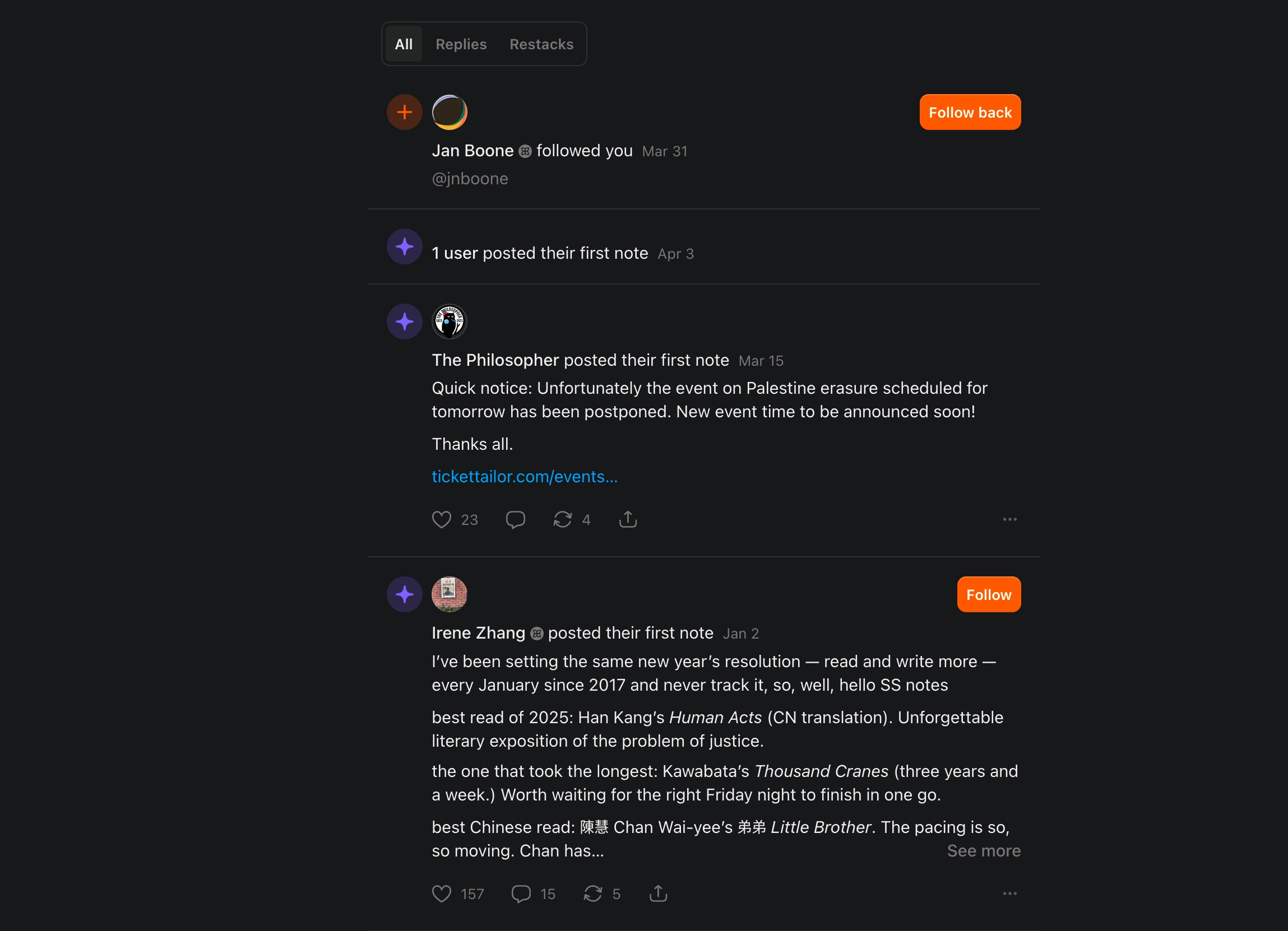 Substack notification center showing tabs, follow notifications, and inline post previews