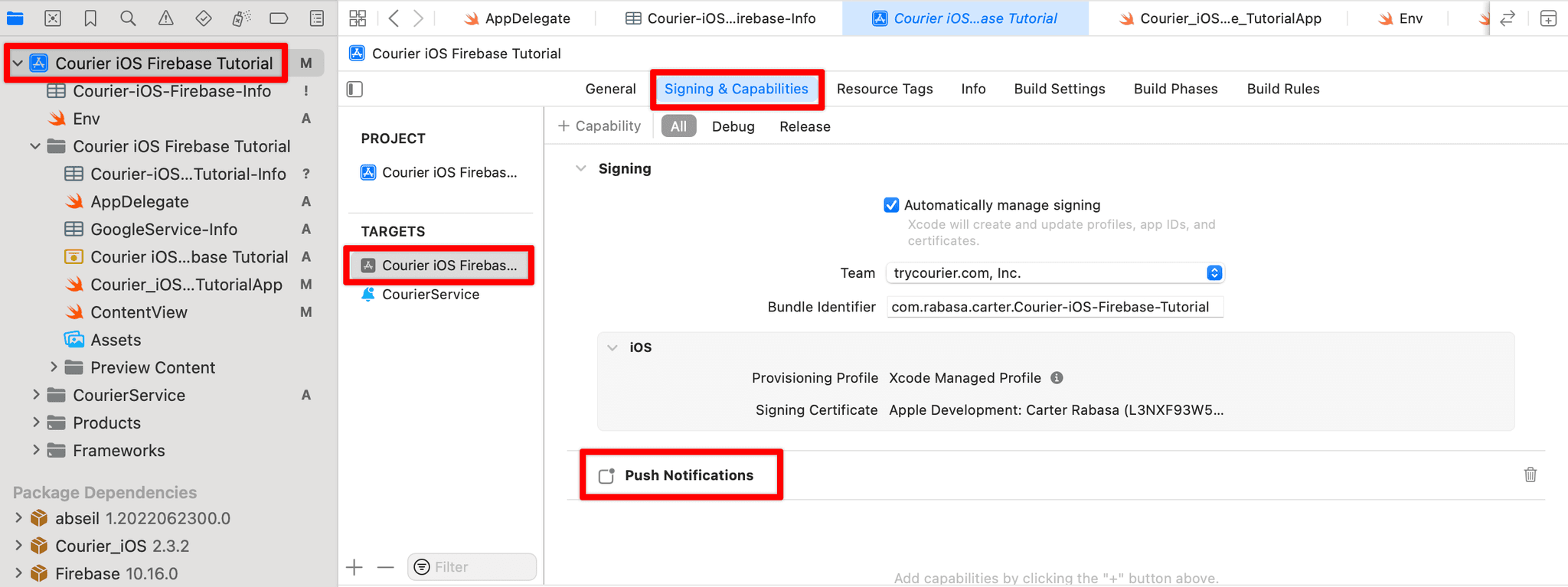 a screenshot of Xcode and adding push as a capability