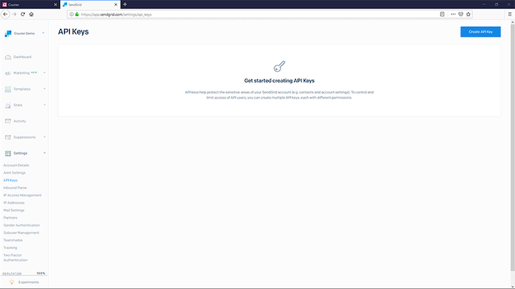 SendGrid API key page