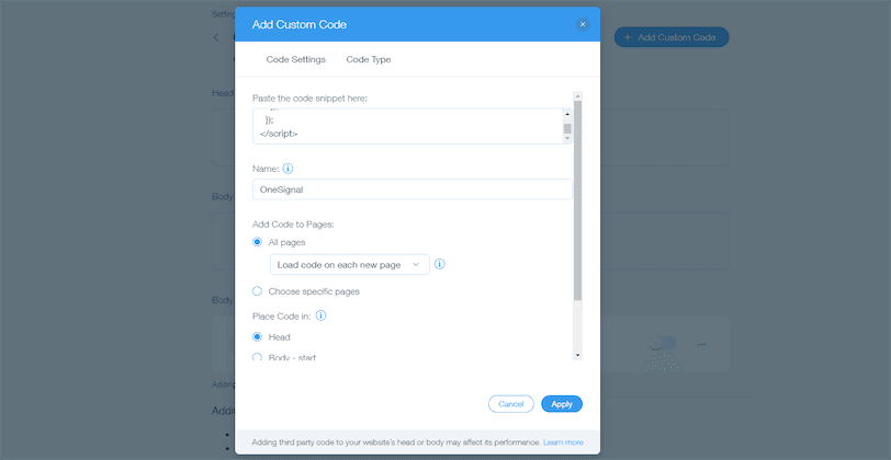 OneSignal Wix Push Notification Snippet